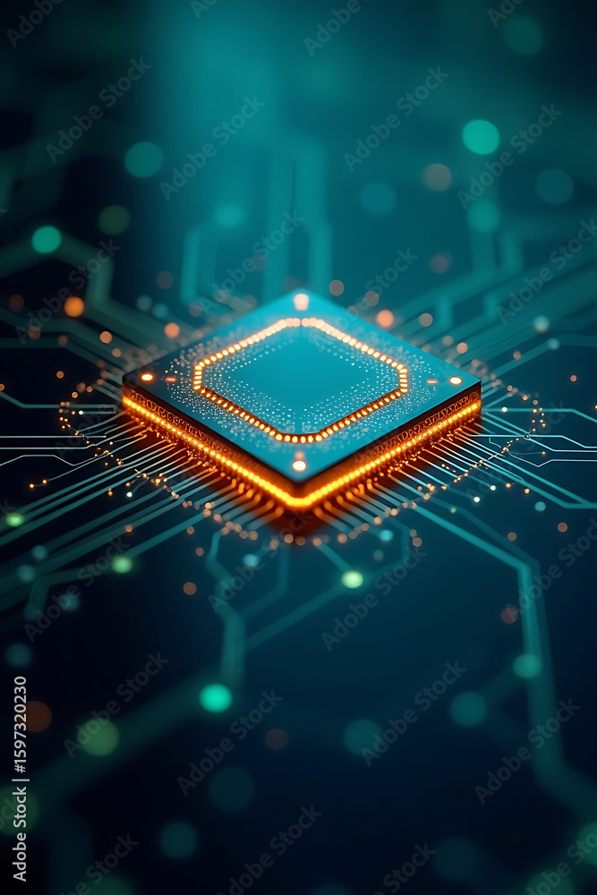 Poster a close-up of a glowing microchip on a circuit board.