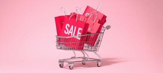 The shopping cart filled with vibrant sale bags on a pink background.