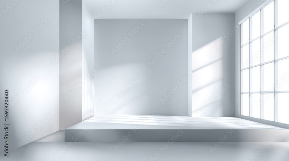 Poster a spacious, minimalistic interior features large windows casting soft light. the clean white walls a