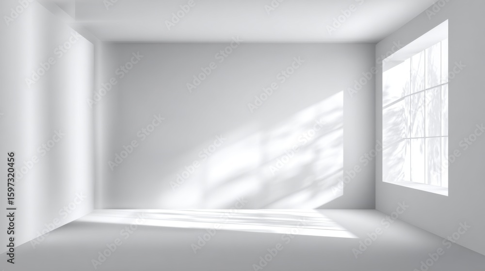 Aufkleber empty room with white walls and flooring, featuring a large window that allows soft sunlight to illu