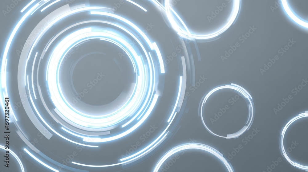 Poster circles of varying sizes and transparency overlap on a light gray surface, forming a dynamic and abs