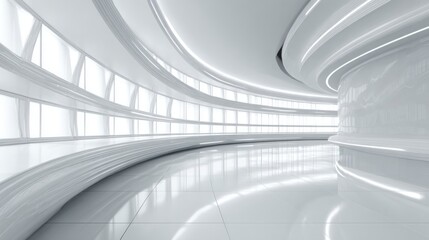 Obraz premium A minimalist interior displays smooth, curved walls with ample natural light. The glossy floor reflects the modern design, creating an expansive and inviting atmosphere.