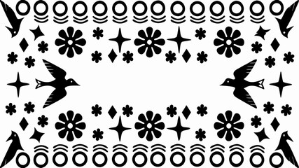 Obraz premium Black and white decorative pattern featuring flowers birds stars diamonds and circles arranged symmetrically | editable eps vectors silhouette