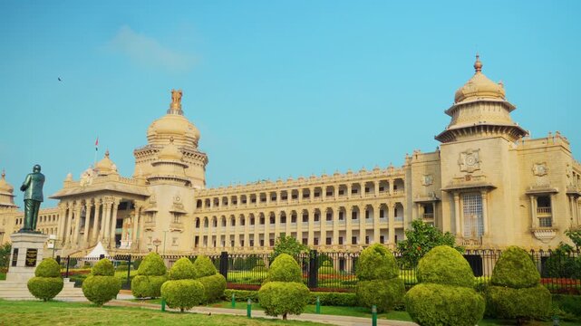 Wide angle shot of the iconic Vidhana Soudha with statue. Shot in 4K