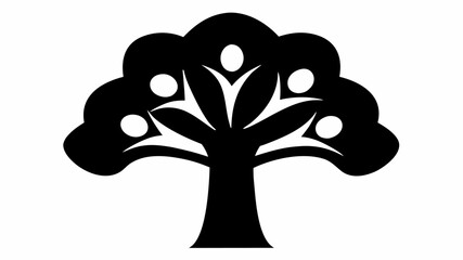 Stylized black tree with abstract human figures in the foliage and a solid trunk on a white background | editable eps vectors silhouette