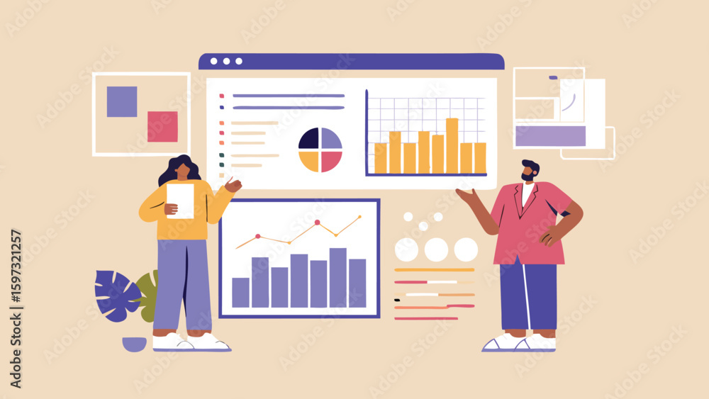Poster woman and man discussing data charts on a screen with abstract shapes around them