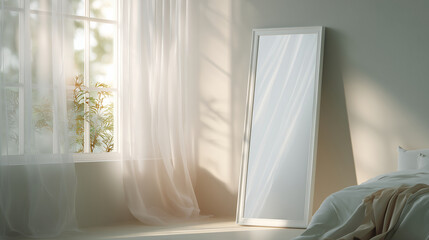 Minimalist bedroom with full length mirror and sheer curtains by the window
