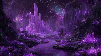 Purple Crystal City At Night Under Starry Sky