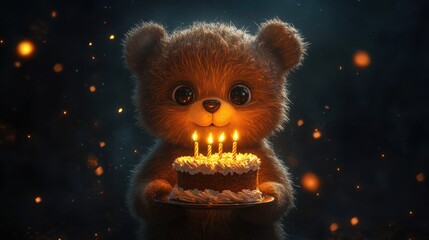 A cute cartoon bear with big eyes holds a cake with candles, glowing against a dark background
