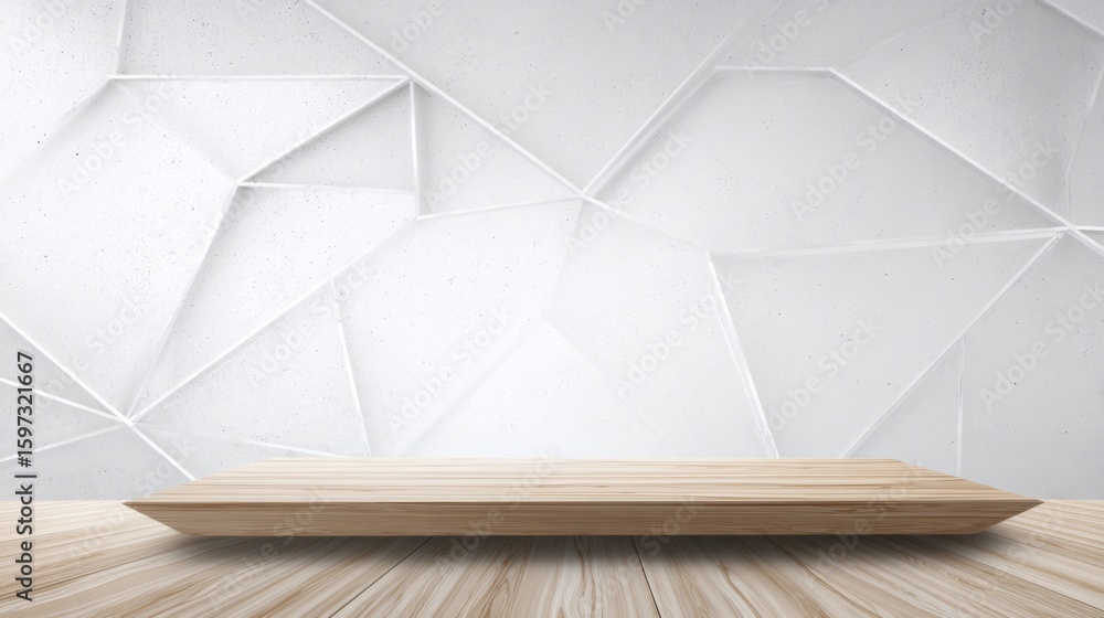Poster a sleek wooden display surface is positioned in front of a textured white wall featuring geometric p