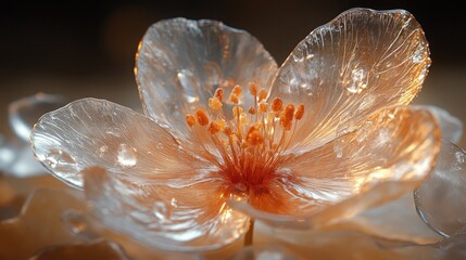 A captivating glass flower with seven translucent petals resembling an exquisite ice sculpture resting on a deep beige background