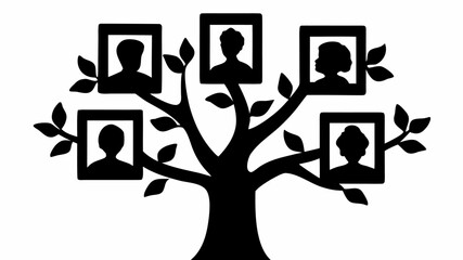Black and white family tree silhouette with framed portraits on branches and leaf accents design element | editable eps vectors