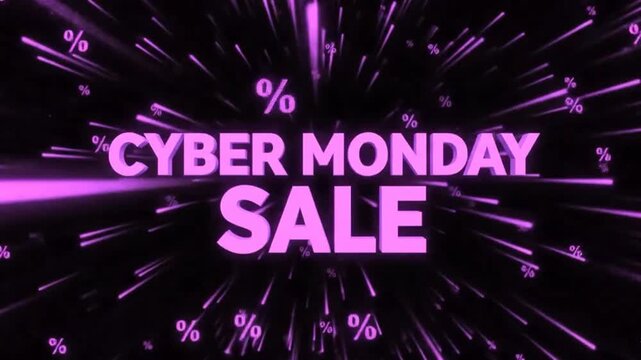Cyber Monday Sale in pink text against a black backdrop with pink rays and percentage signs