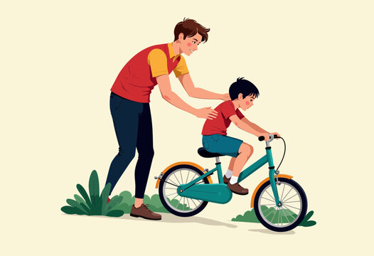 Father teaching son to ride a bicycle in summer garden setting  