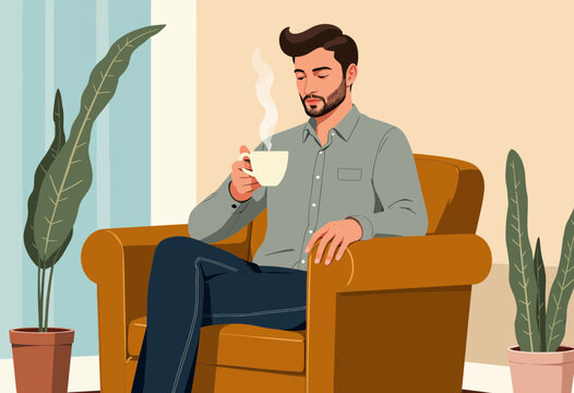 Man sitting in armchair and drinking coffee at home in relaxing mood  