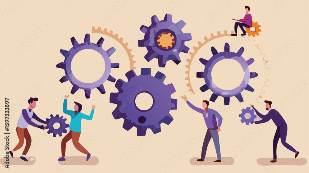 Poster teamwork illustration showing people interacting with gears and mechanical processes in a collaborat