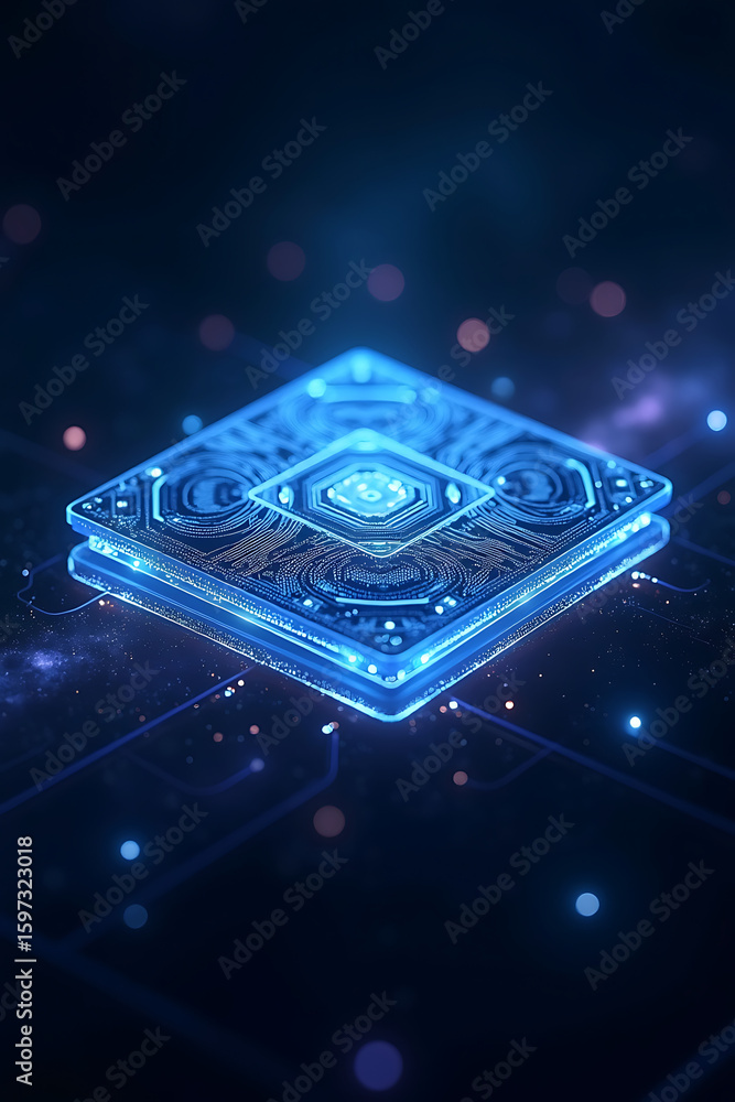 Aufkleber futuristic glowing blue chip with intricate circuit patterns and bokeh lights on a dark background, 