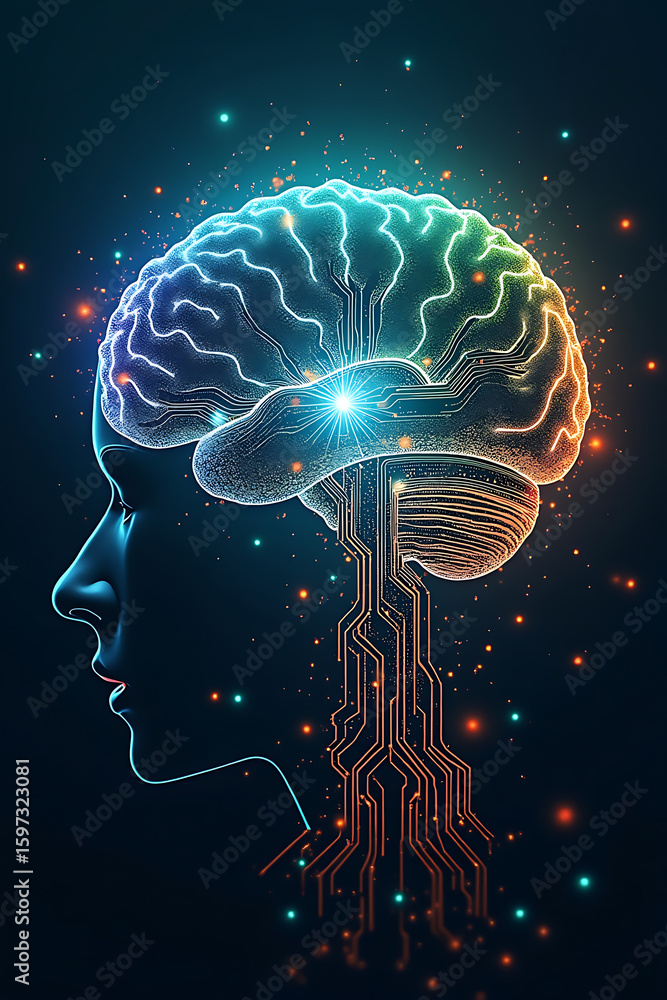 Poster glowing brain outline connected to circuit board, representing artificial intelligence and human int