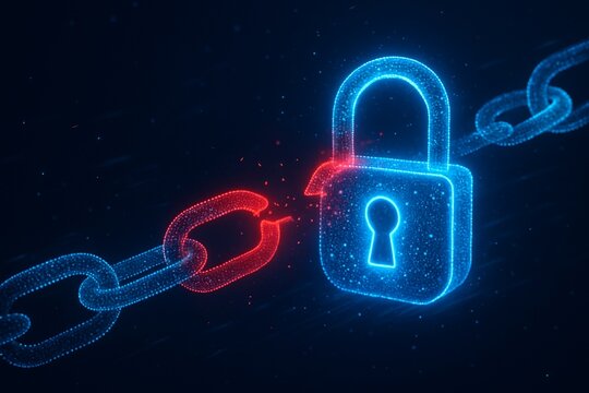 Digital data security and privacy concept digital open red padlock on chain. Personal or business information protection background. Cybercrime or network hacker attack.