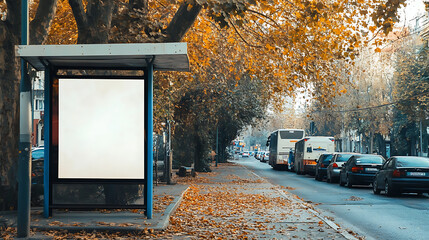 A bus stop with a blank billboard on a street lined with trees in the fall season with cars