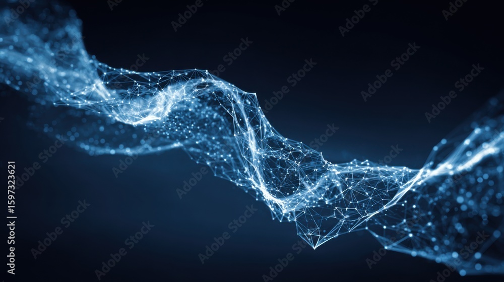Poster a vibrant abstract wave composed of interconnected light particles flows gracefully across a dark ba
