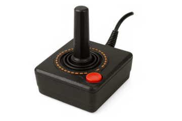 Black retro joystick controller with red button and transparent background, evoking nostalgia for classic video games