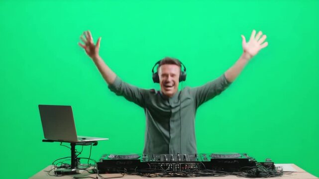 Ecstatic DJ in Action: A charismatic DJ, immersed in his music, exudes pure elation with arms raised in a dynamic display of energy. Green screen background allows creative freedom.