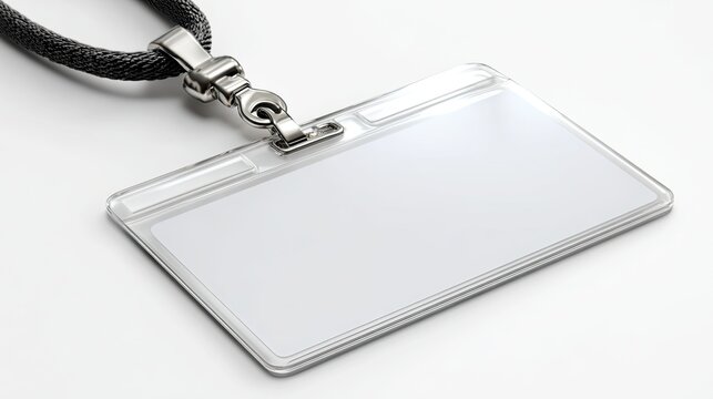 Blank plastic identification badge with black lanyard, ready for personalization.
