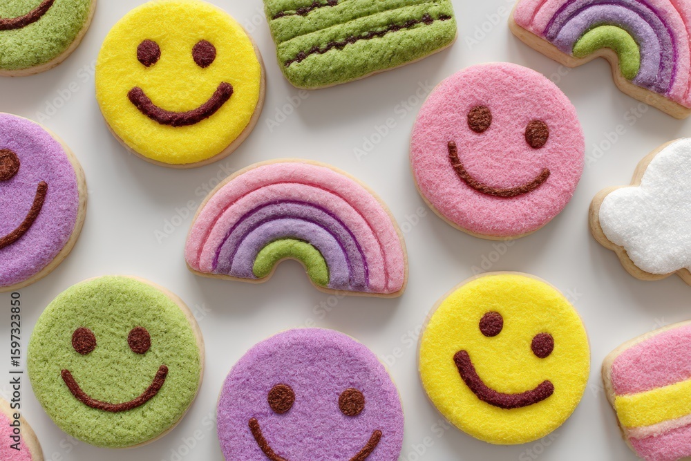 Poster colorful array of whimsical cookies featuring playful smiley faces and vibrant rainbow designs arran