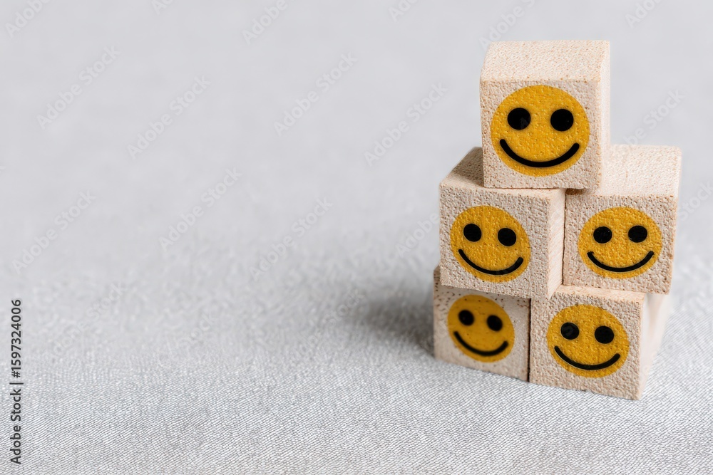 Poster stack of cheerful smiley face blocks arranged playfully on a textured background emphasizing joy con