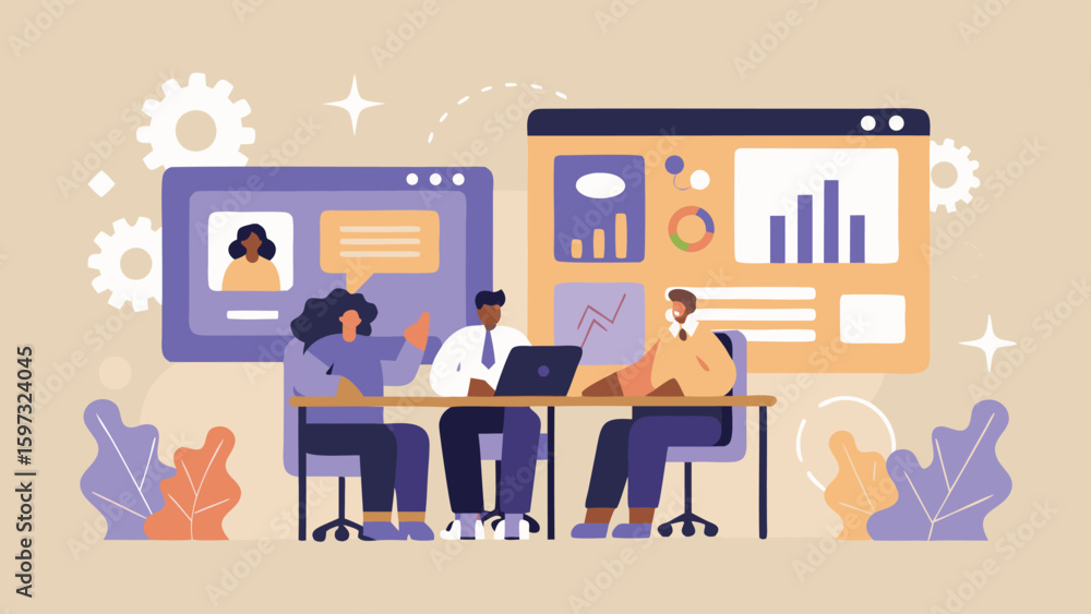 Poster three people in a meeting with charts and graphs on screens behind them at a table