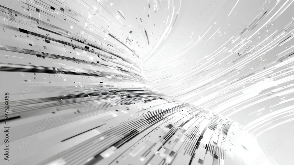 Poster an intricate composition displays flowing lines and shimmering particles in a sleek, abstract style,