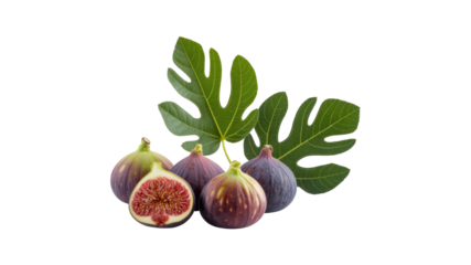 Fresh Figs with Leaves - Ripe Purple Figs Isolated on Transparent Background