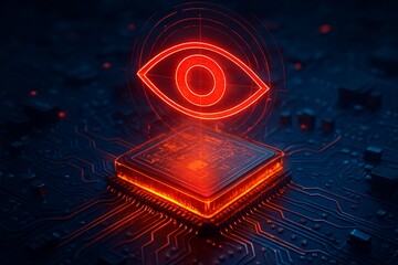 Cyber surveillance concept with spy eye hologram over CPU in background. Concept of privacy tracking, digital spying, artificial intelligence and spyware. 3D flight over futuristic circuit board. 