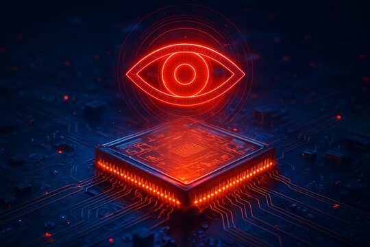 Cyber surveillance concept with spy eye hologram over cpu in background. Concept of privacy tracking, digital spying, artificial intelligence and spyware. 3D flight over futuristic circuit board.  - Powered by Adobe