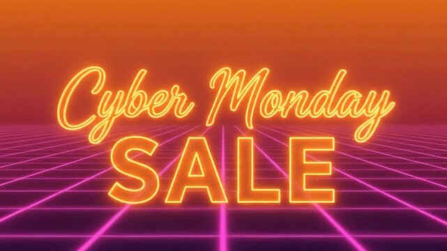 Cyber Monday SALE neon text in orange over a retrostyle pink grid against an orange background