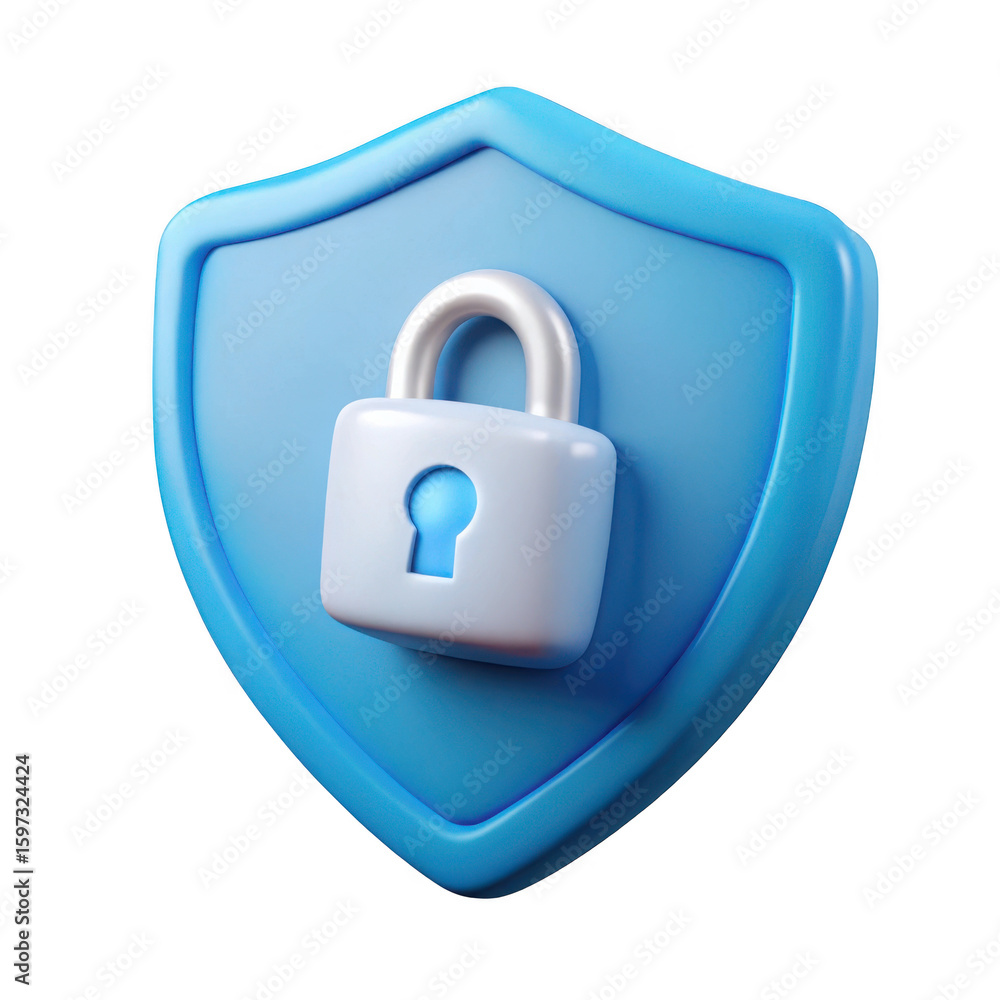 Poster 3d render of blue shield with padlock isolated on transparent background