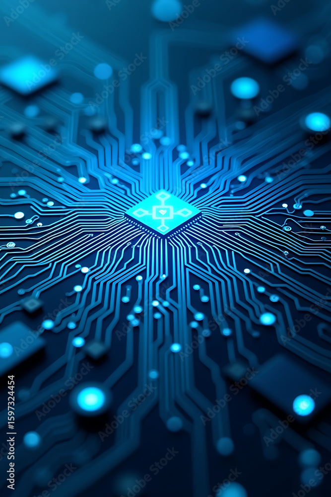 Poster a detailed close-up of a blue circuit board with a central processor and glowing connections.