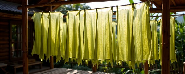 Obraz premium Seaweed Based Textile Being Dried On Bamboo Frames, Sunlight Passing Through Translucent Fibers. Concept Of Zero Energy Production. Organic Fabric, Algae Drying.