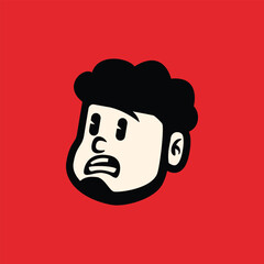 Happy cartoon face with curly hair and beard on red background. Bold retro vector style with joyful expression. Perfect for branding, sticker, or mascot use
