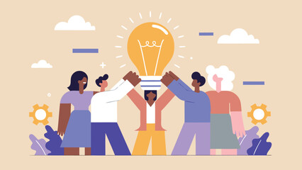 Diverse team collaborating and holding up a large glowing light bulb representing a bright idea together