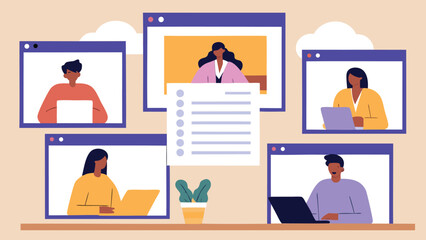 Online meeting with multiple participants displayed in separate windows on a virtual platform screen