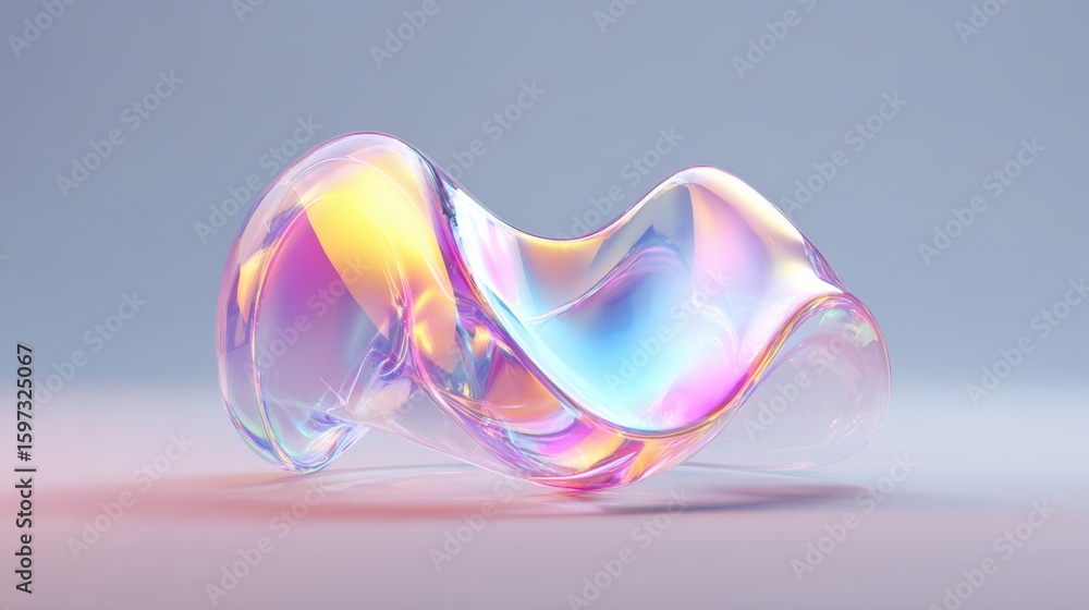 Poster a vibrant, translucent sculpture features flowing lines and smooth curves that reflect light, creati