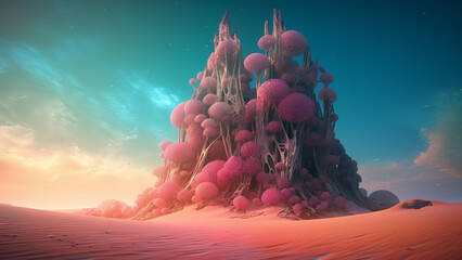 Futuristic coral city emerging from golden desert dunes, blending nature, fantasy, and surreal beauty.
