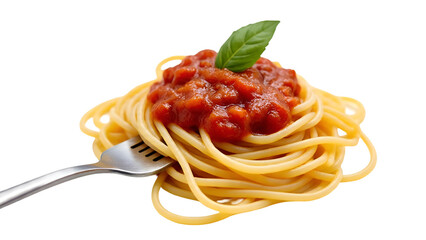 Spaghetti Pasta with Tomato Sauce and Basil on Fork Isolated on White