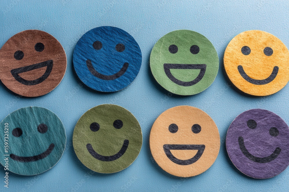 Poster colorful felt smiley face icons displayed on a textured blue background create a joyful visual tapes