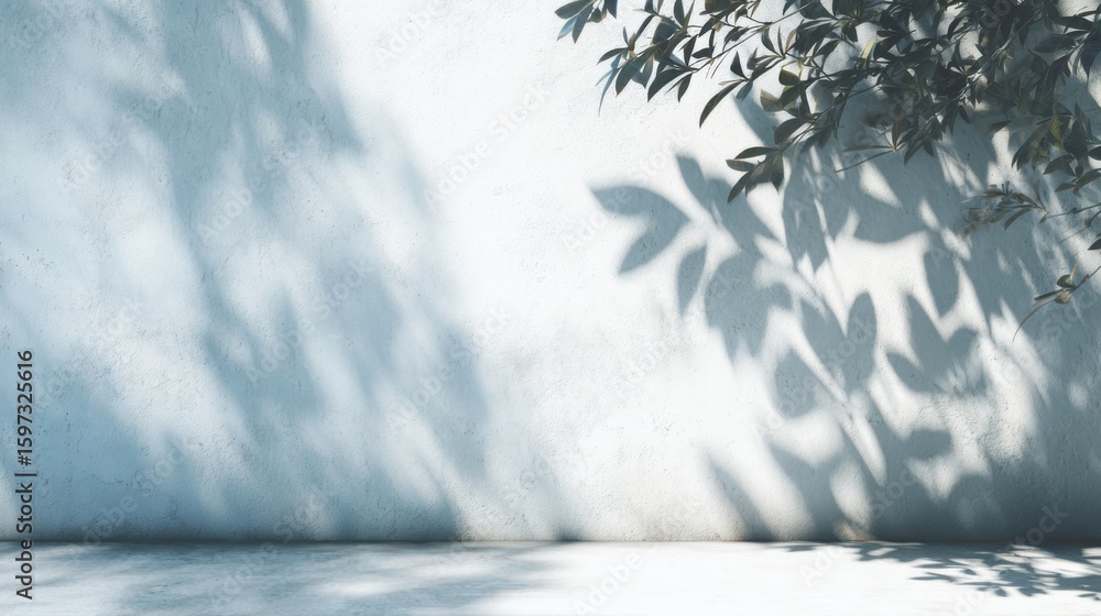 Poster soft shadows of leaves span across a light-colored textured wall, creating a calming and artistic ef