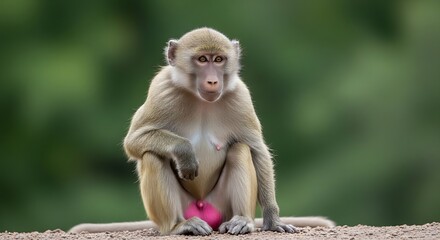 Obraz premium Sitting Monkey Facing Forward with Green Background