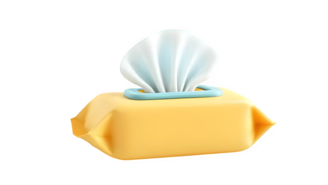 Baby wipes in yellow packaging, isolated on white background