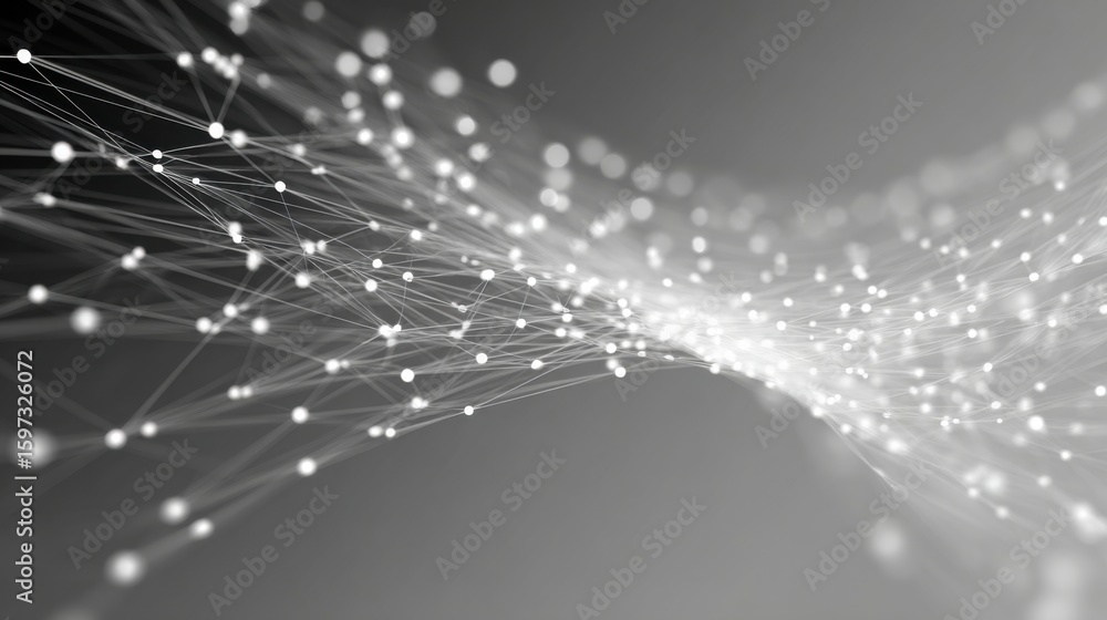 Poster Dynamic lines intersect with luminous nodes, creating a web-like structure that represents the flow of information. This artwork highlights connectivity trends in a modern digital landscape.